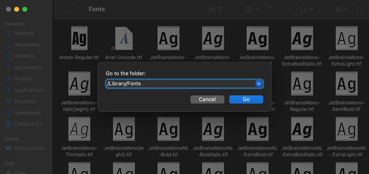 screenshot of goto fonts directory in finder