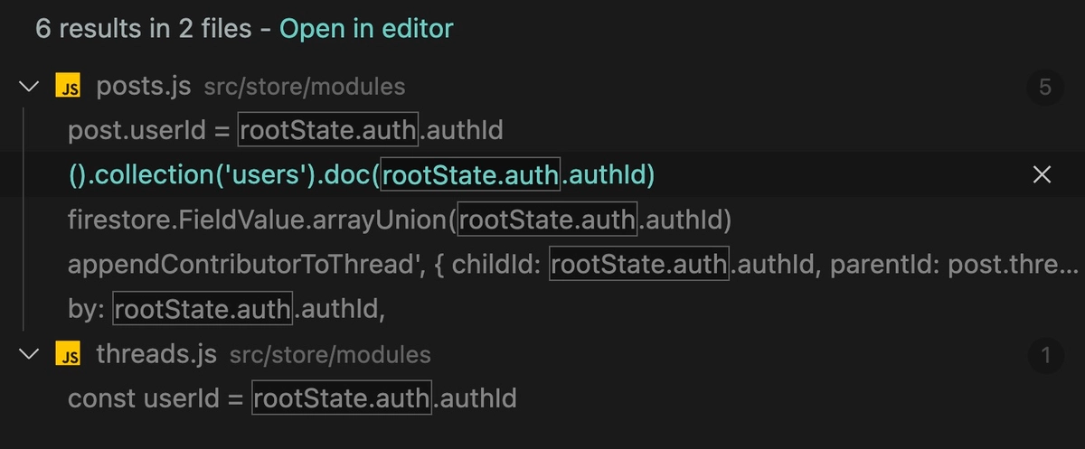 search results for rootState.auth in VS code