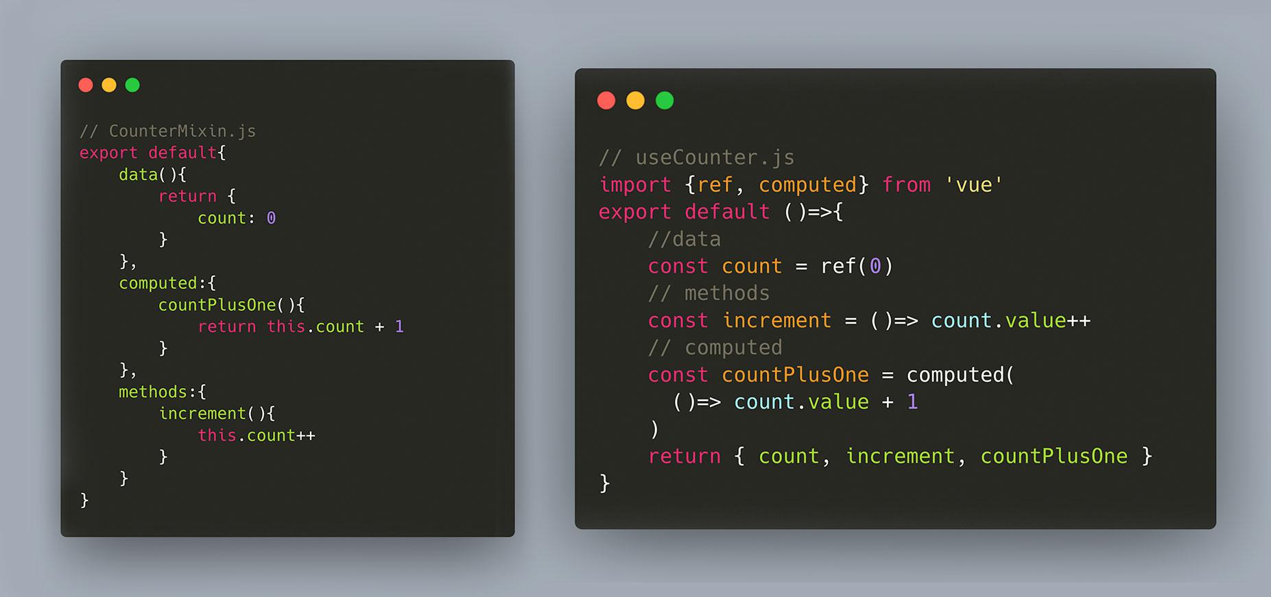 code comparison between Vue.js Mixin and Composable