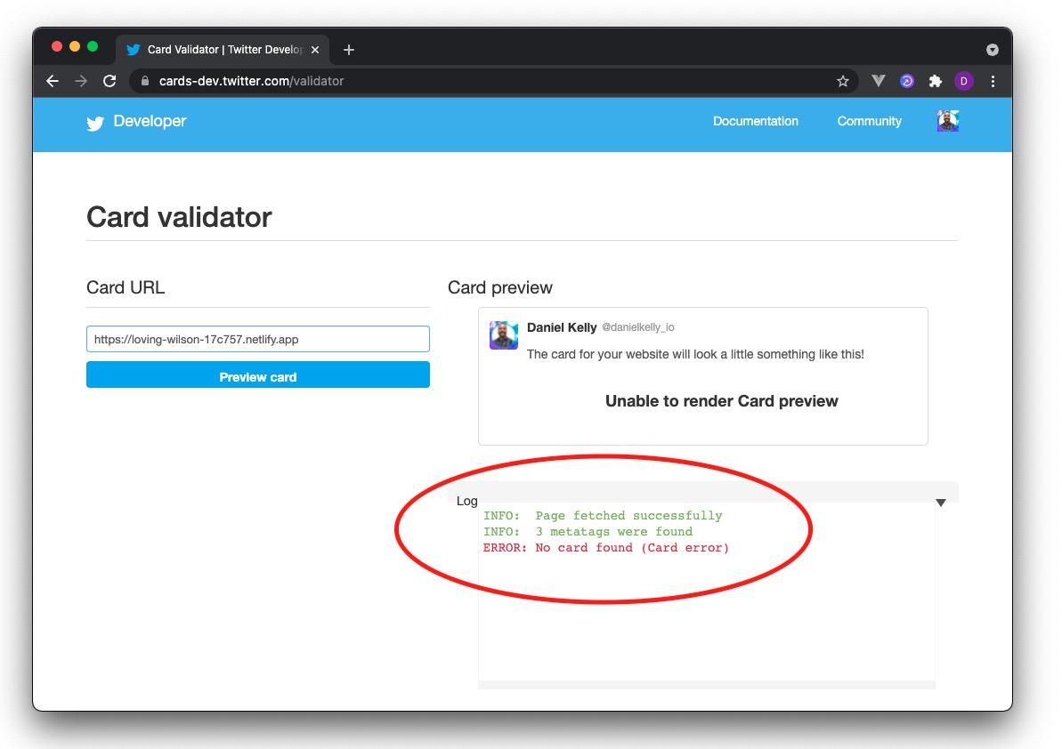 screen shot of Twitter card Validator not finding the card