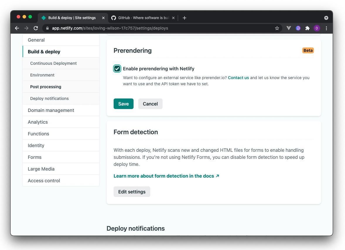 screenshot of prerendering setting in the netlify dashboard