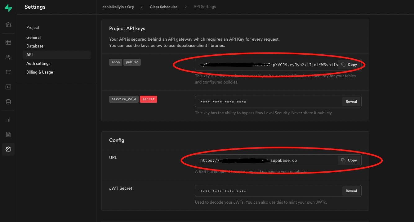 screenshot of supabaseUrl and supabaseKey in dashboard