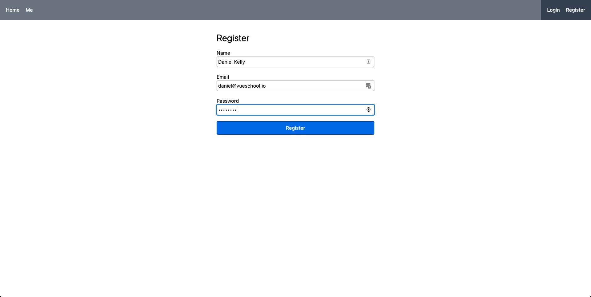 screenshot of register form filled in