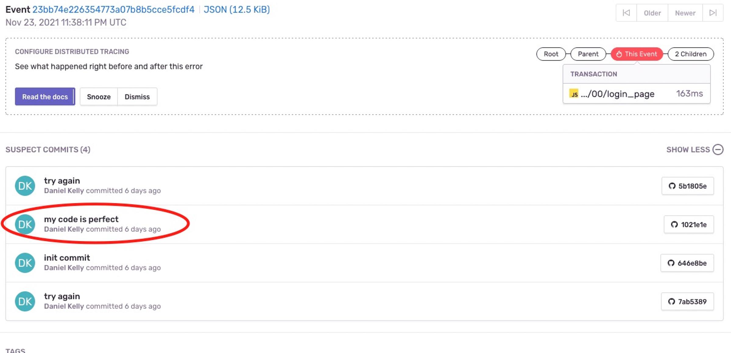 screenshot of suspect commit in Sentry