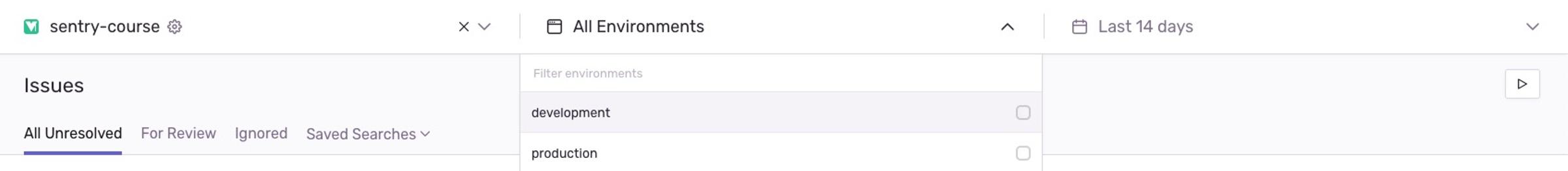 screenshot of environment filter in Sentry