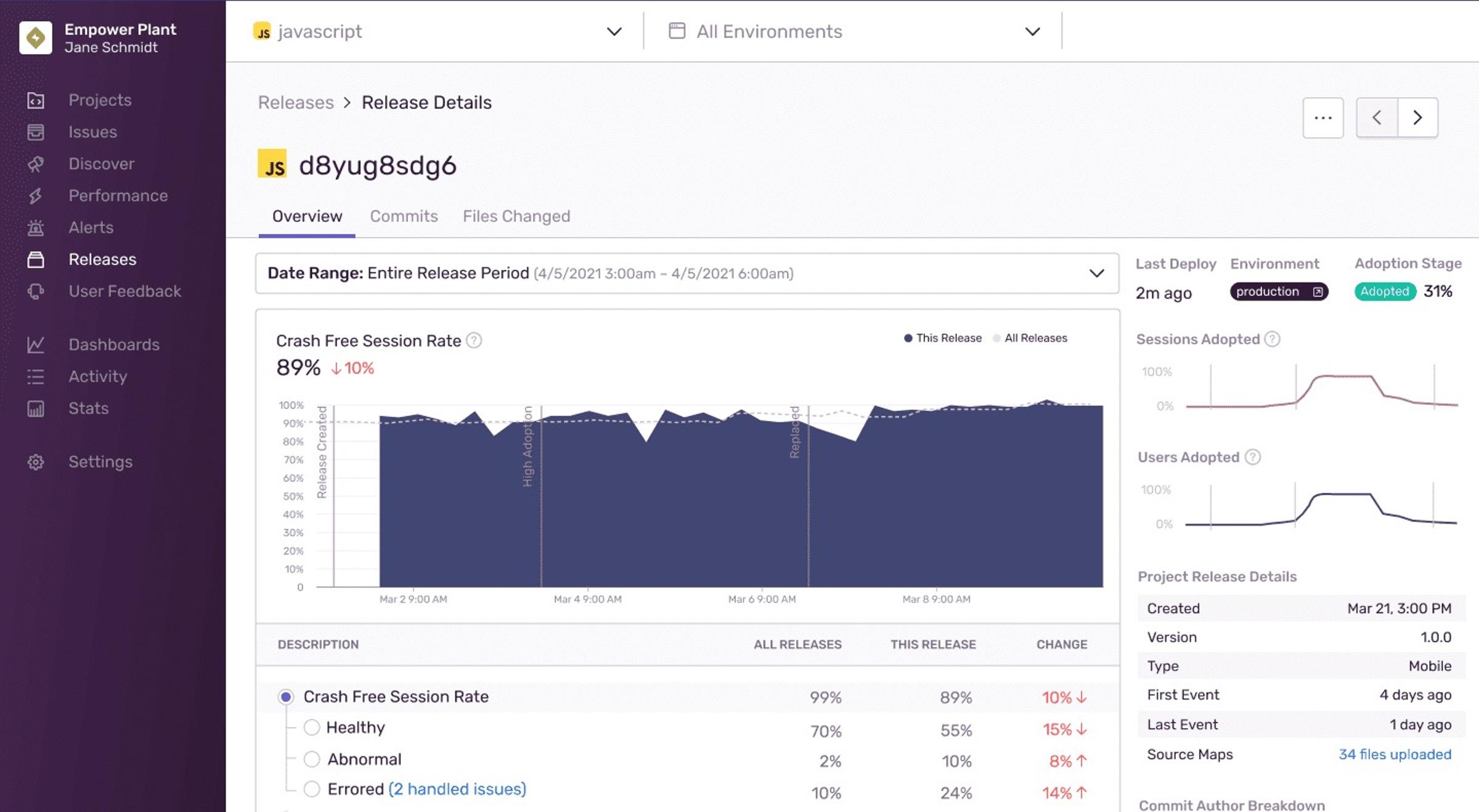 screenshot of release health page in Sentry