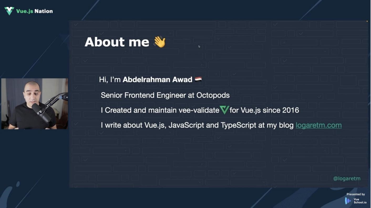 screen shot of Abdelrahman Awad talking about form validation with Vee-Validate 