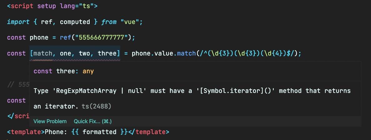 TypeScript hint shows that the result of match could be an array or null