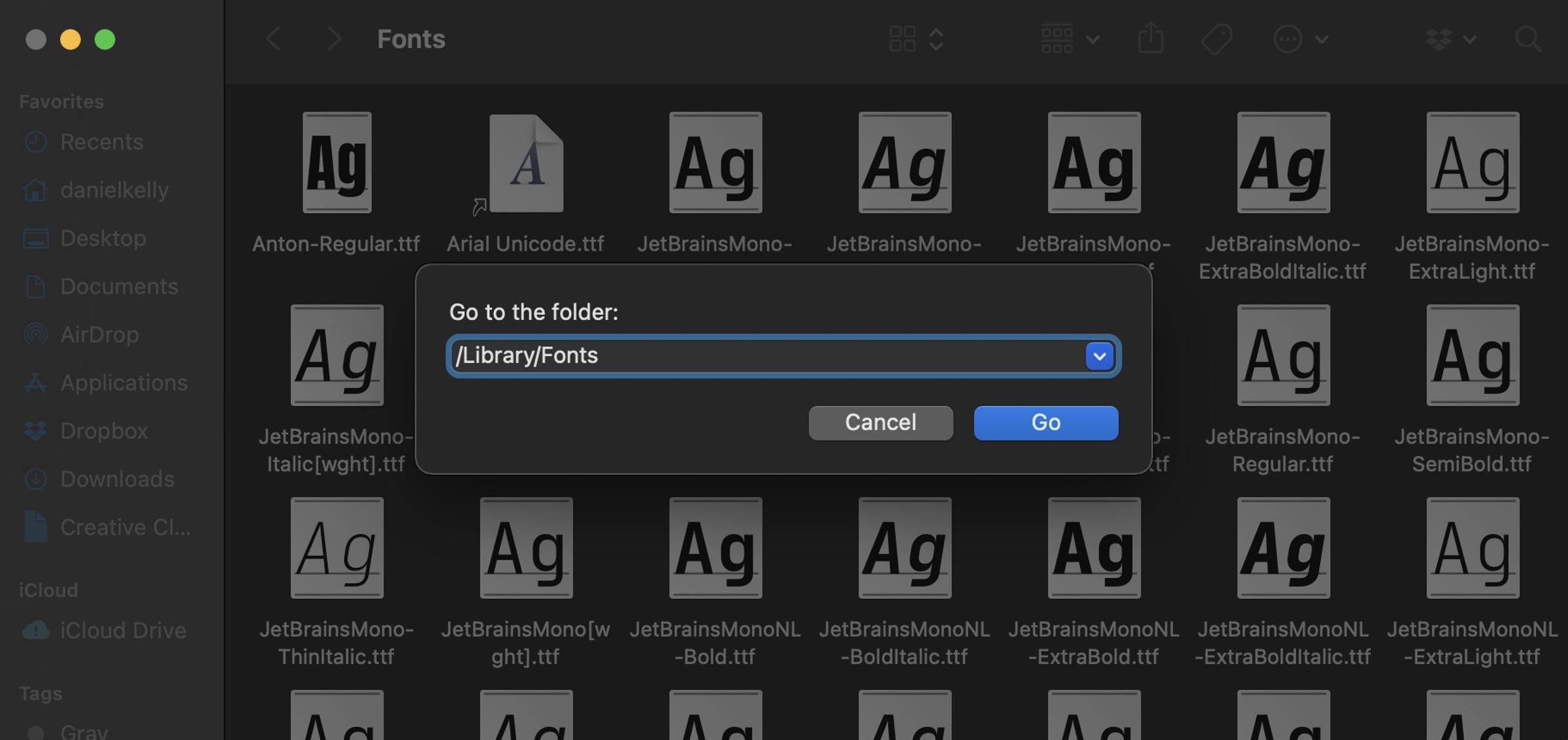 screenshot of goto fonts directory in Finder