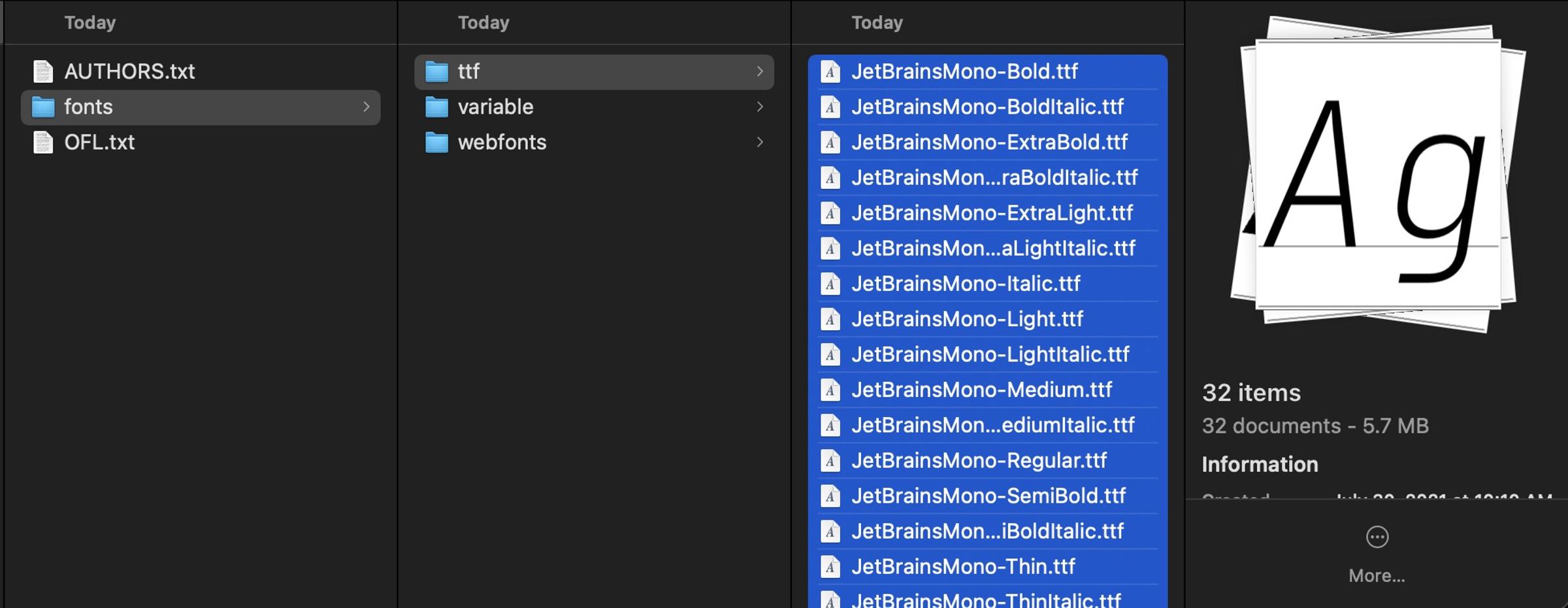 screenshot of JetBrains Mono font files in Finder