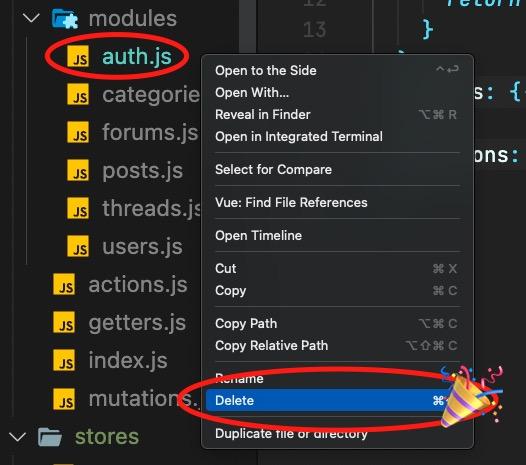 screenshot of deleting auth Vuex module in VS code