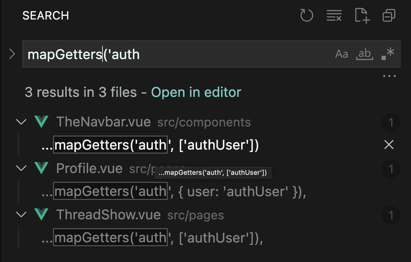 search results for mapGetters('auth in VS code