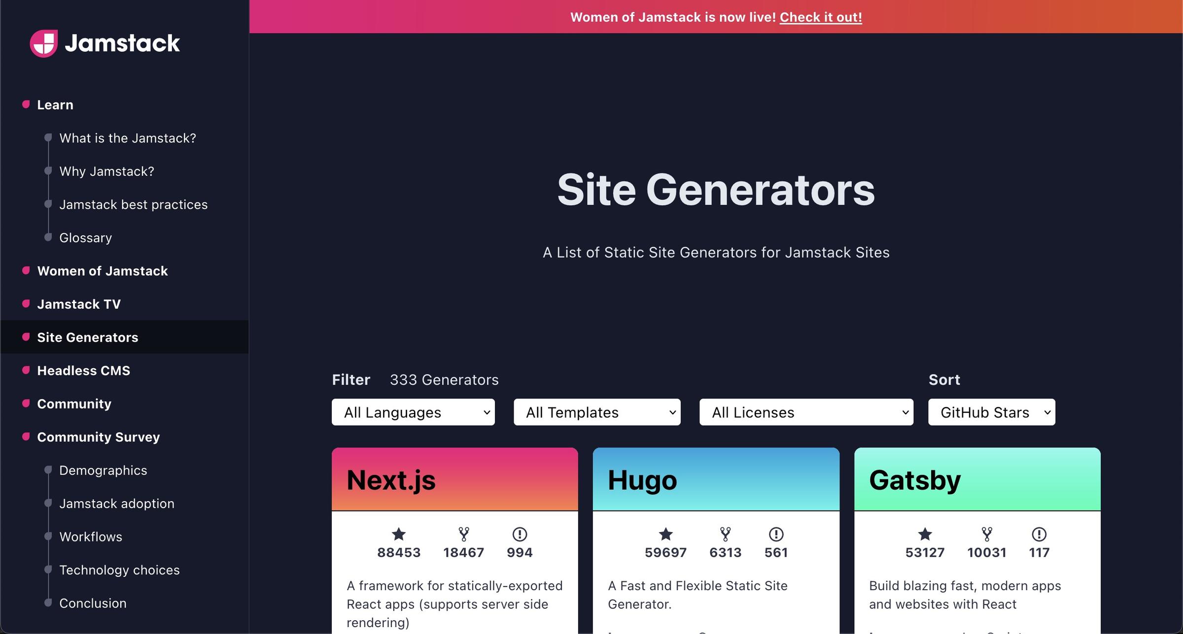 screenshot of jamstack.org/generators