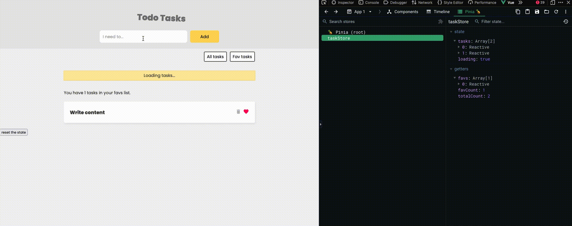Vue DevTools with Pinia store showing time travel feature