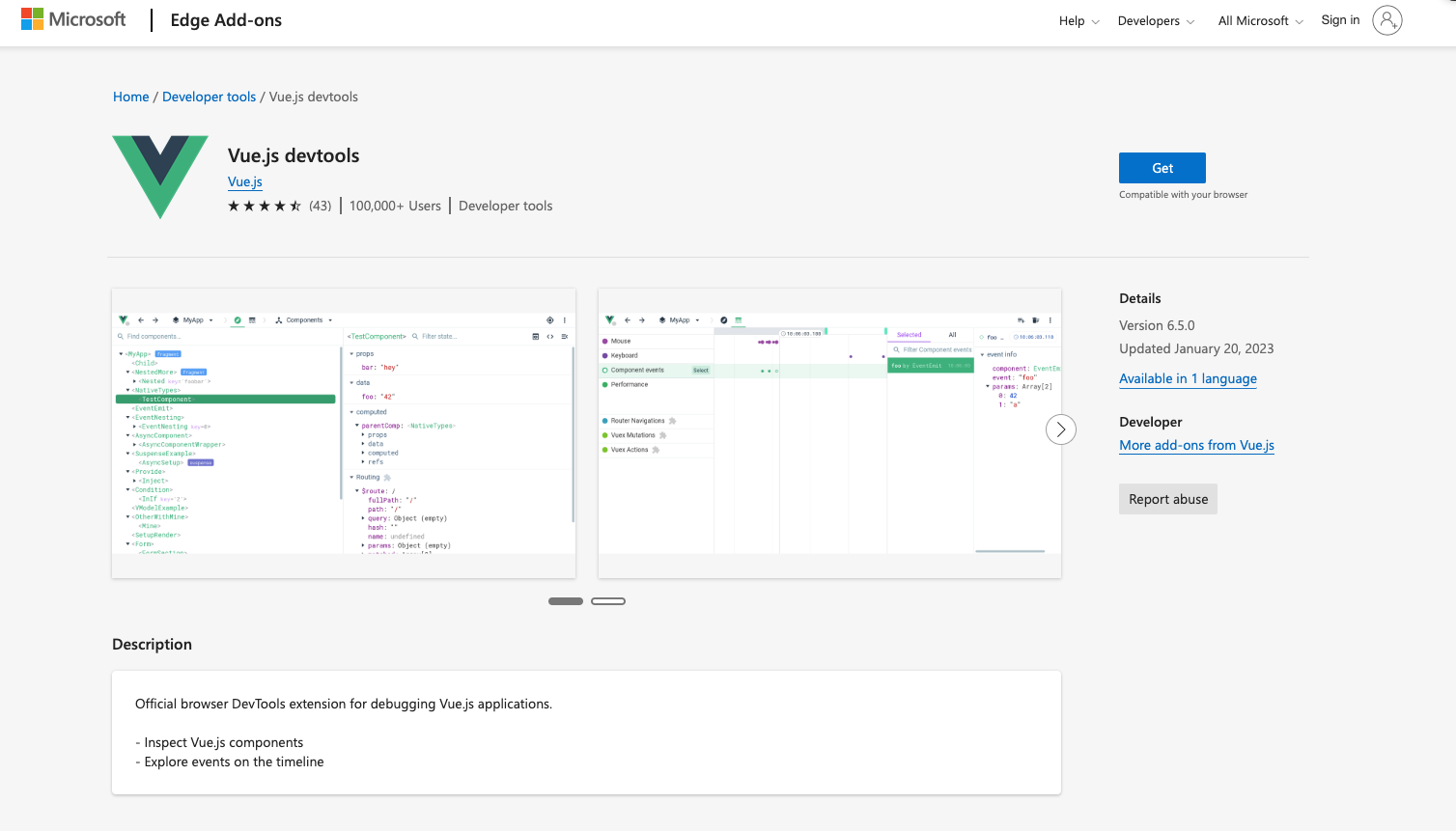 Screenshot for Vue Devtools extension in  Microsoft Edge