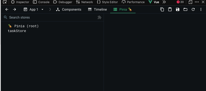 Vue DevTools showing Pinia store state