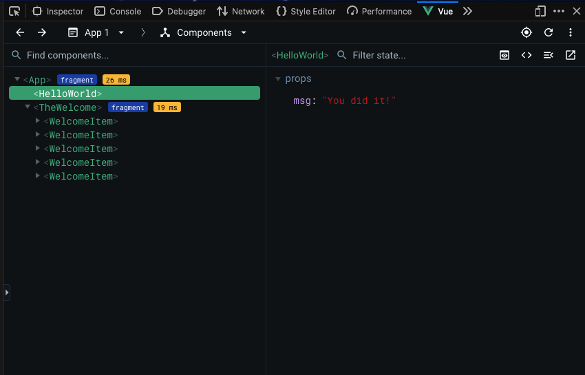 Screenshot debugging the Vue components in the Devtools