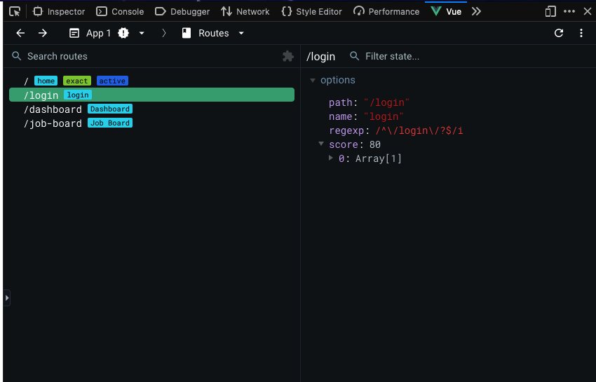 Vue Devtools routing tab showing route history