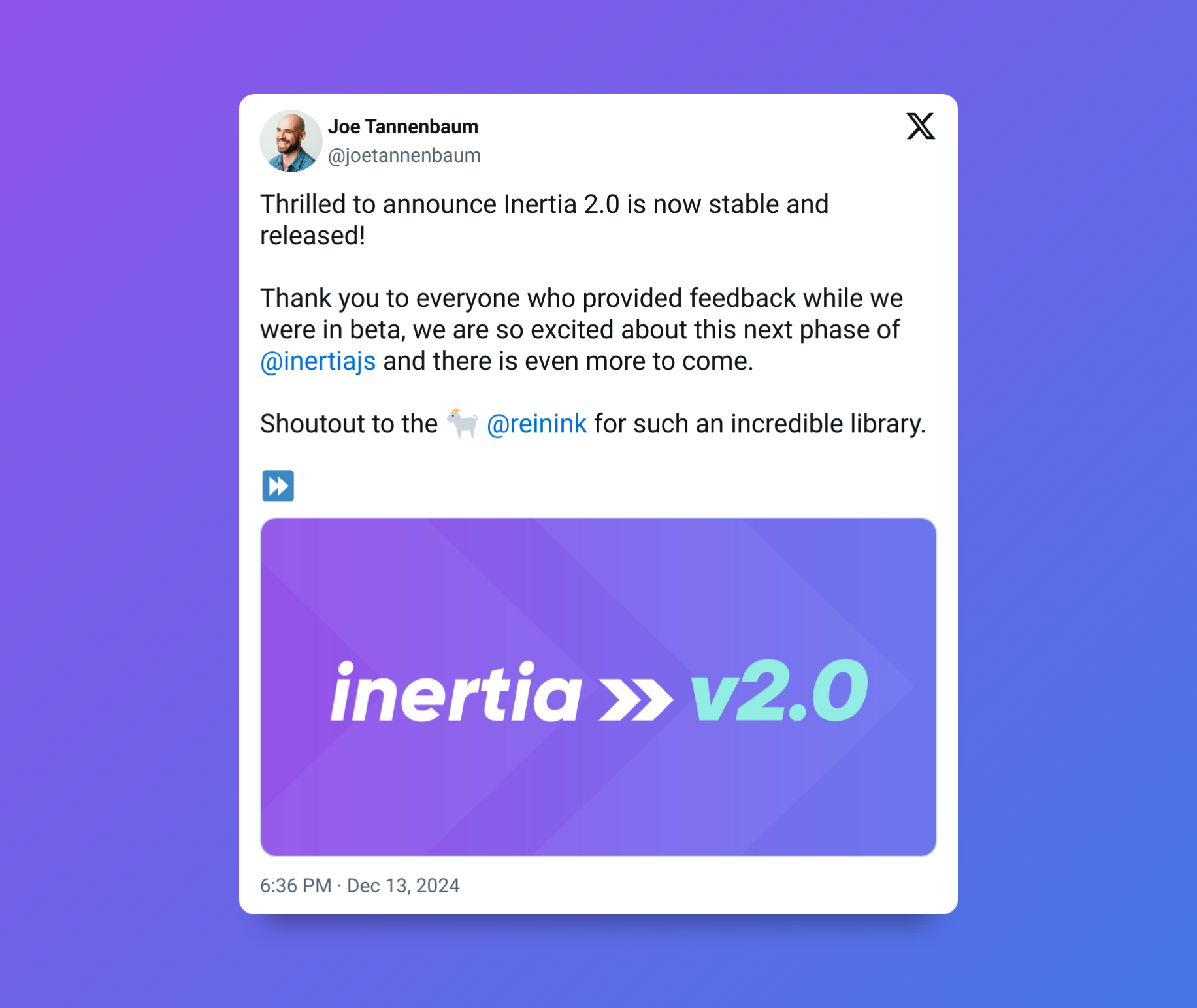 Inertia.js V2 Announcement Tweet