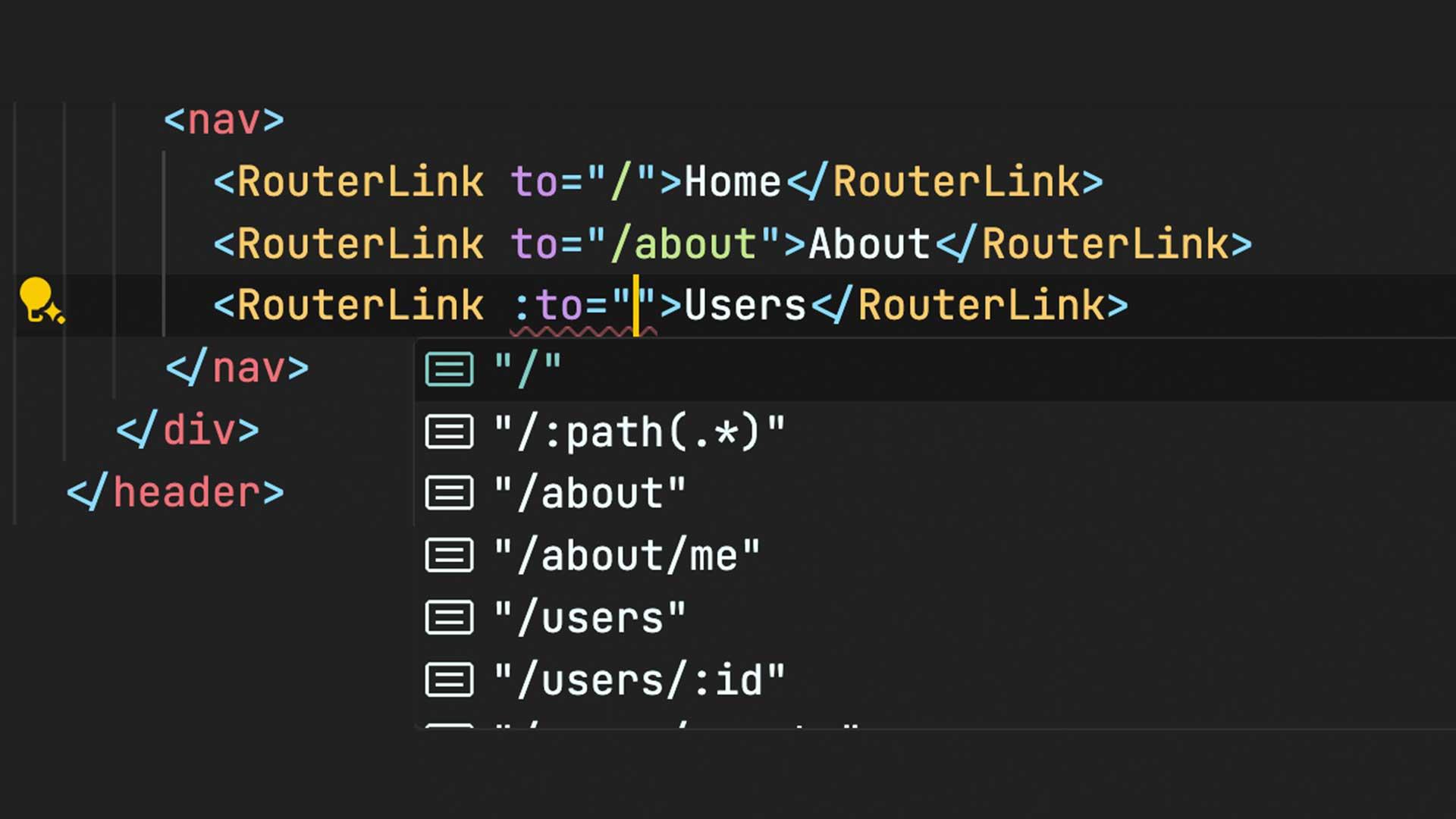 Screenshot of route paths in autocomplete list of values for the RouterLink to prop