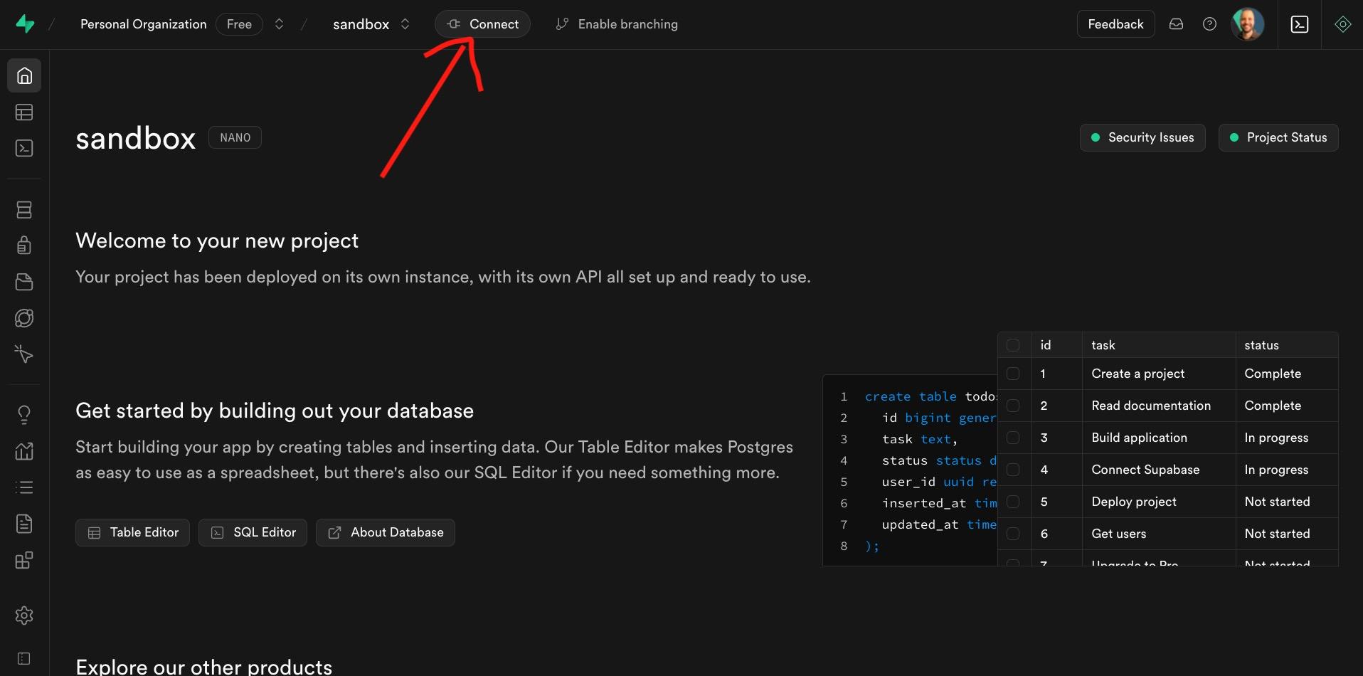 Connect button in the Supabase dashboard