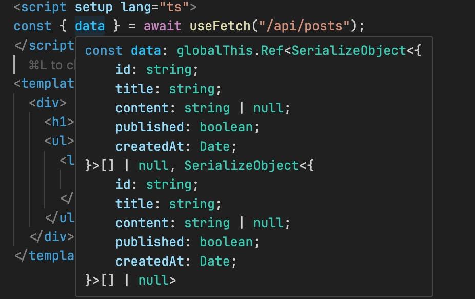 Nuxt useFetch auto types the returned data based on what’s returned from the API event handler