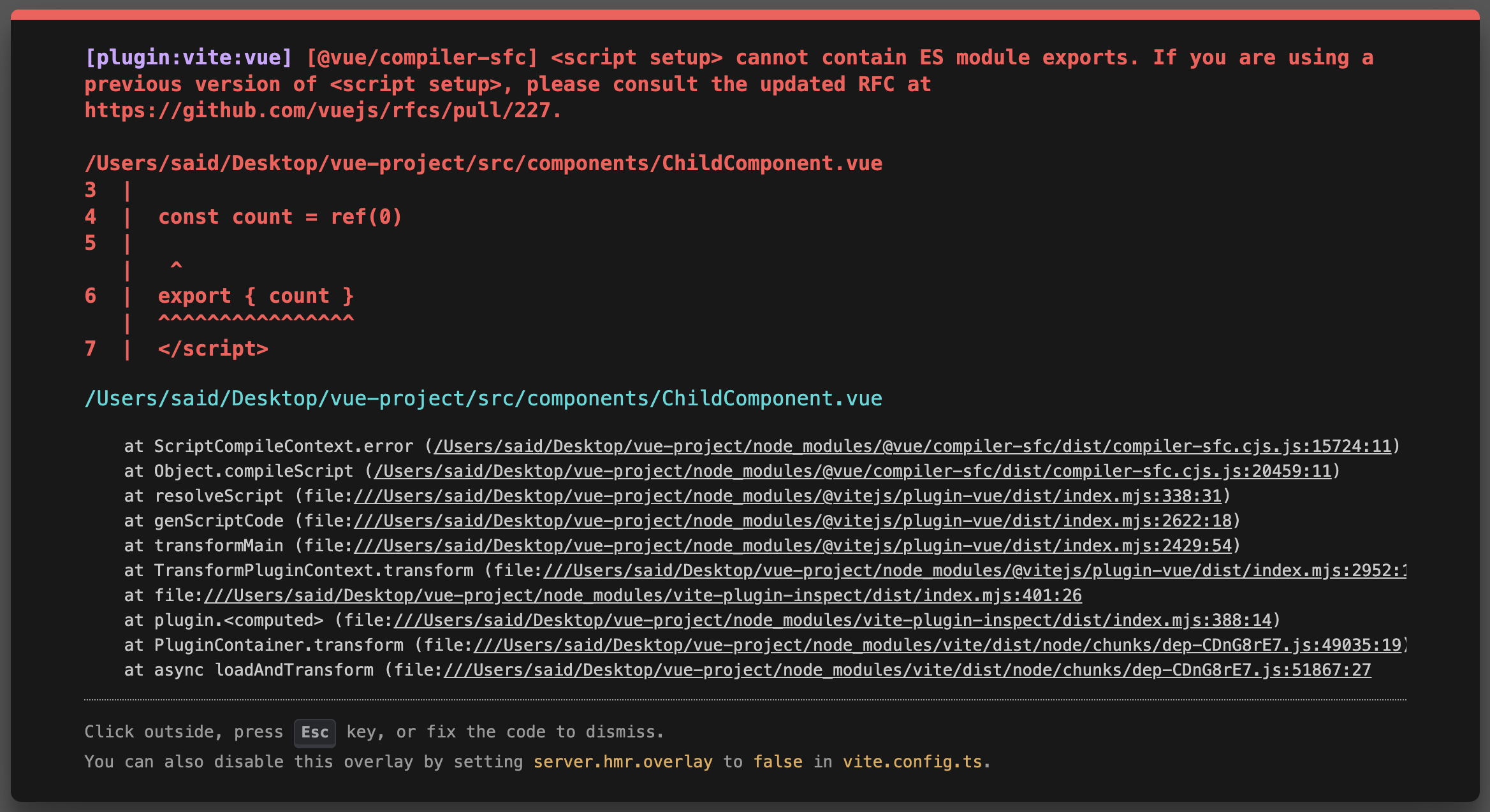 script setup cannot contain es module exports error