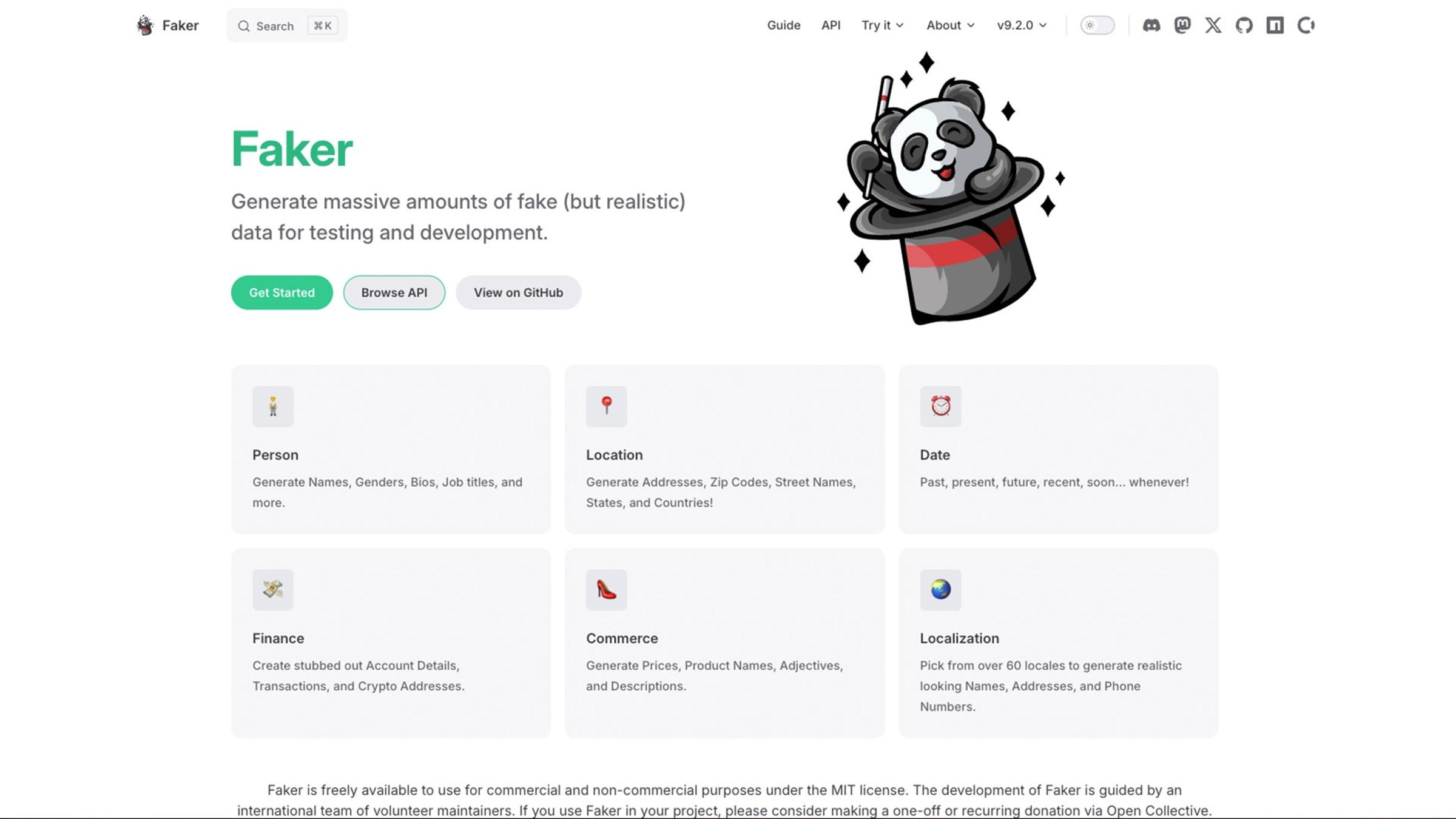 screenshot of faker.js website