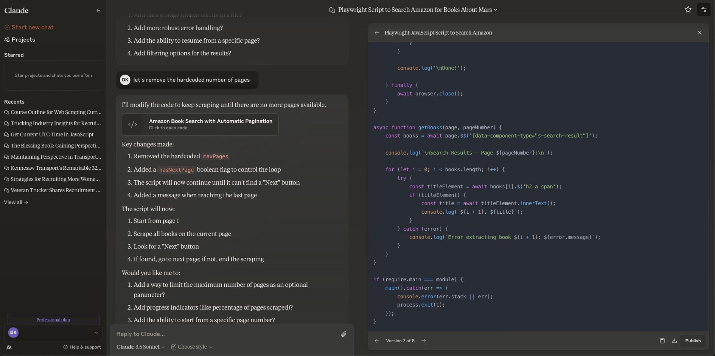 Screenshot of Claude AI chat used to help write an web scraper of Amazon.com