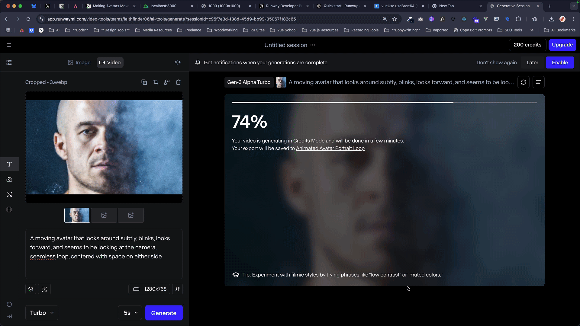generate video of an avatar in the Runway web app