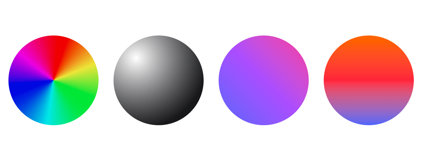 conic, radial, and linear gradients showcased in use on circle elements created with divs and TailwindCSS utility classes