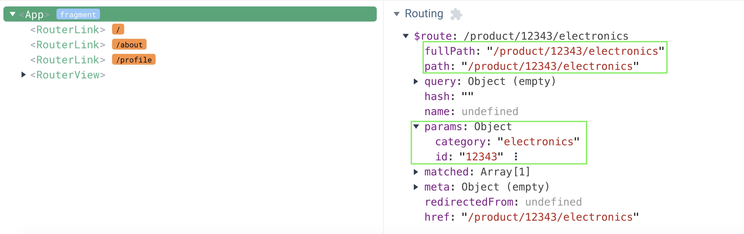 Accessing Vue Router params in Vue Devtools