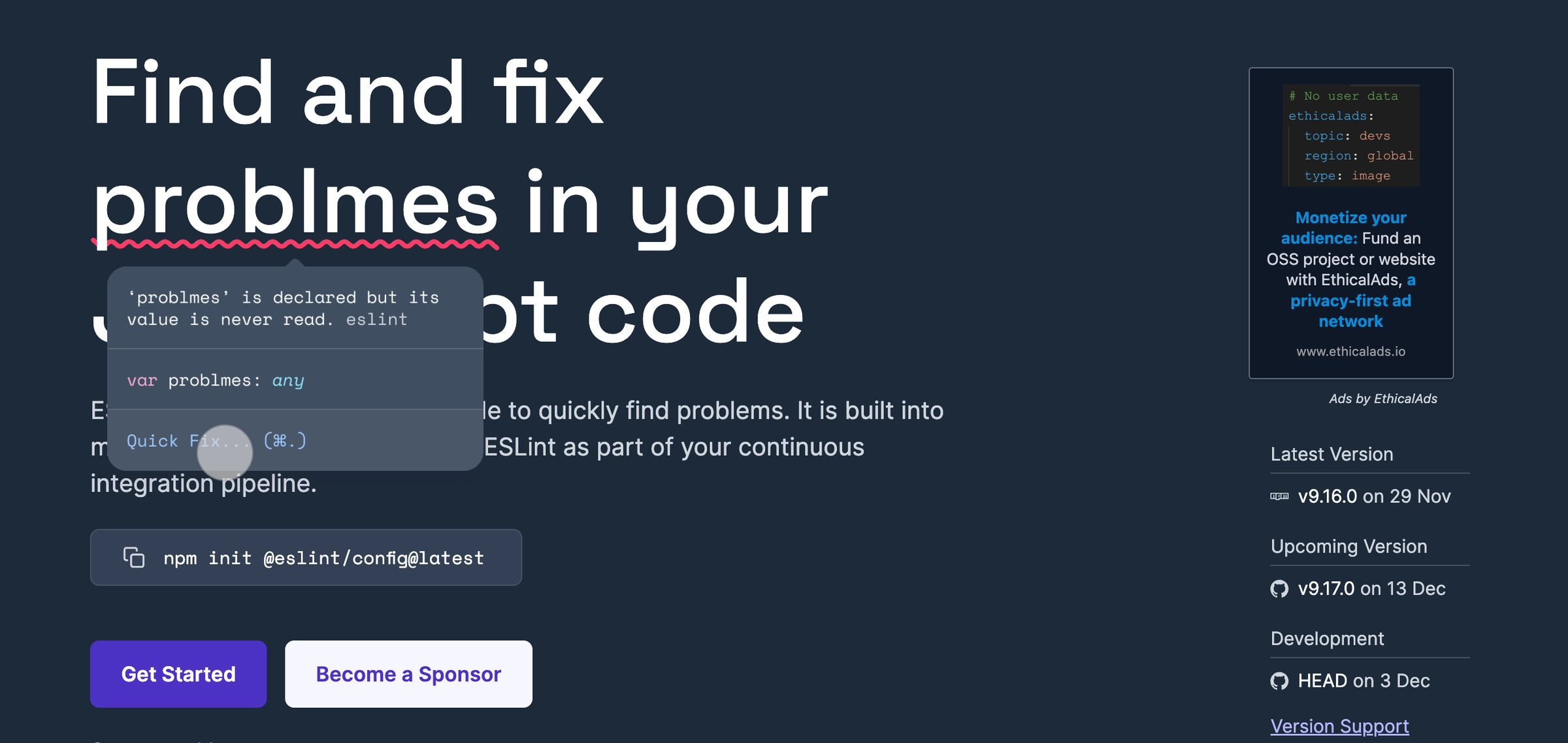 Eslint homepage screenshot