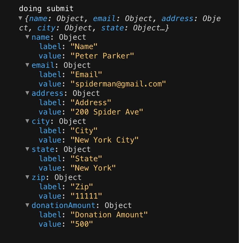 screenshot of form data logged to the console