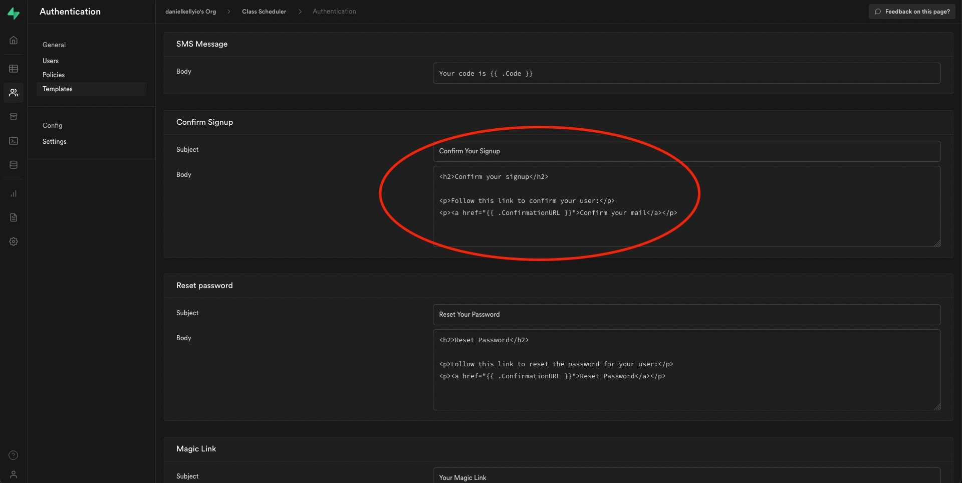 screenshot of dashboard setting for confirmaiton email template
