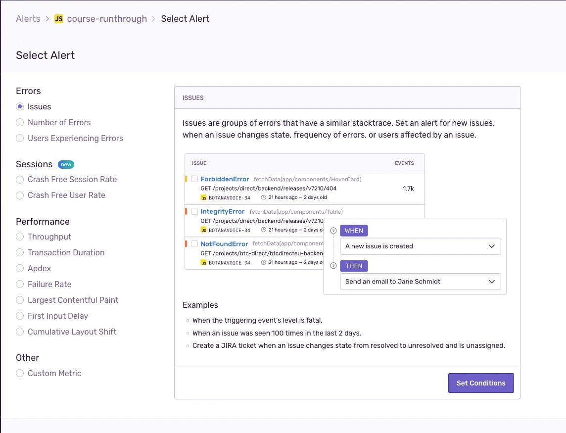 screenshot of alert setup in Sentry