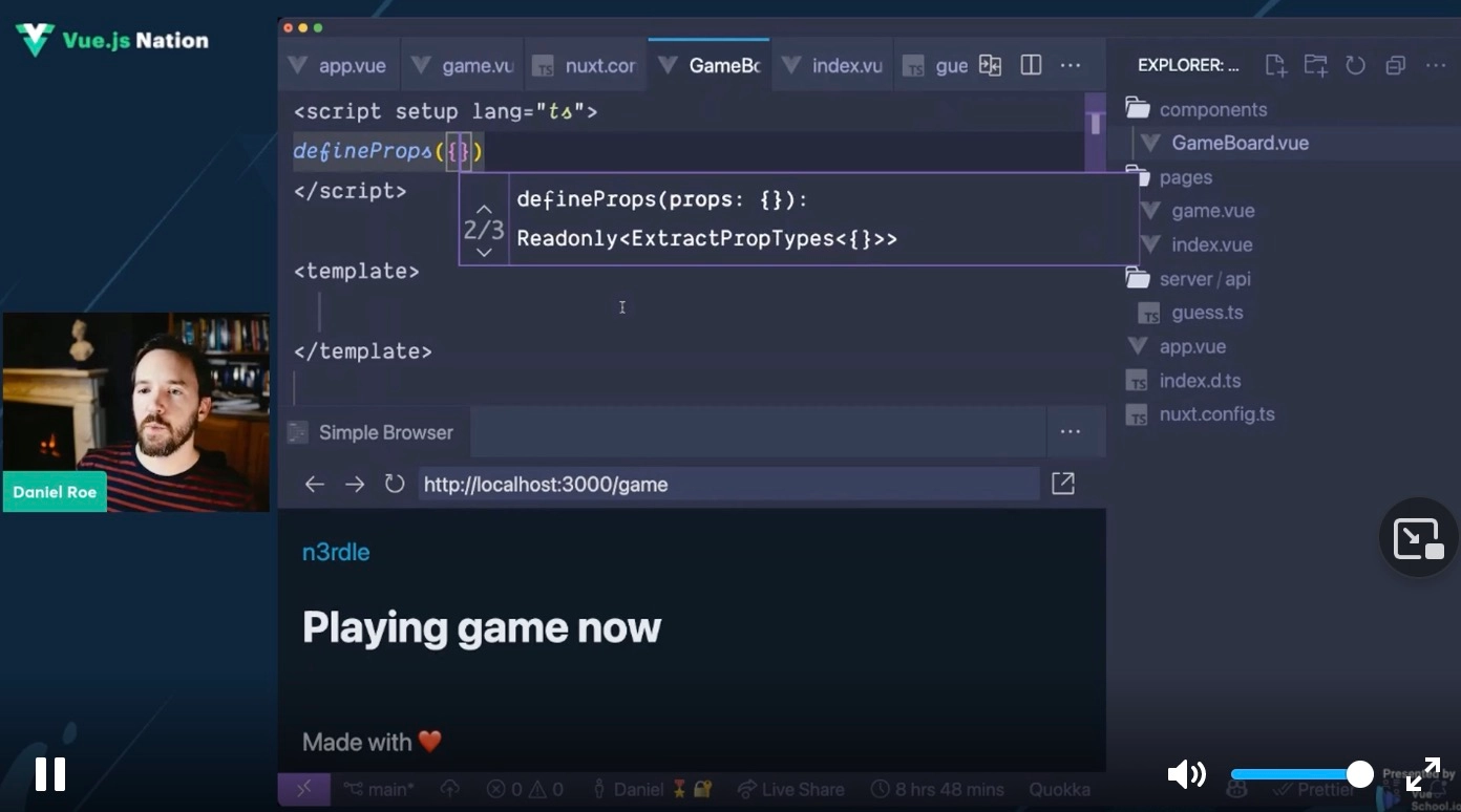screen shot of Daniel Roe coding a wordle clone with Nuxt.js 3