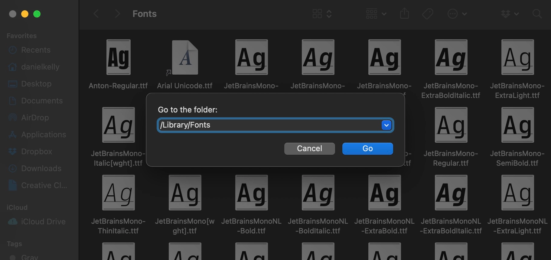 screenshot of goto fonts directory in Finder
