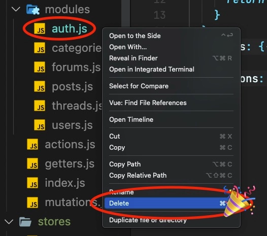 screenshot of deleting auth Vuex module in VS code