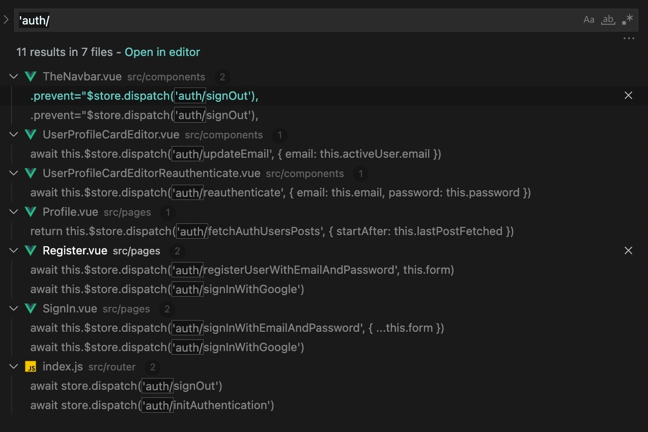 screenshot of search results for quote auth slash in VS code