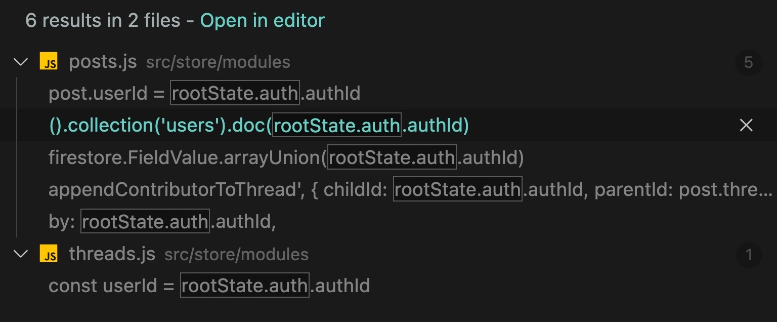 search results for rootState.auth in VS code