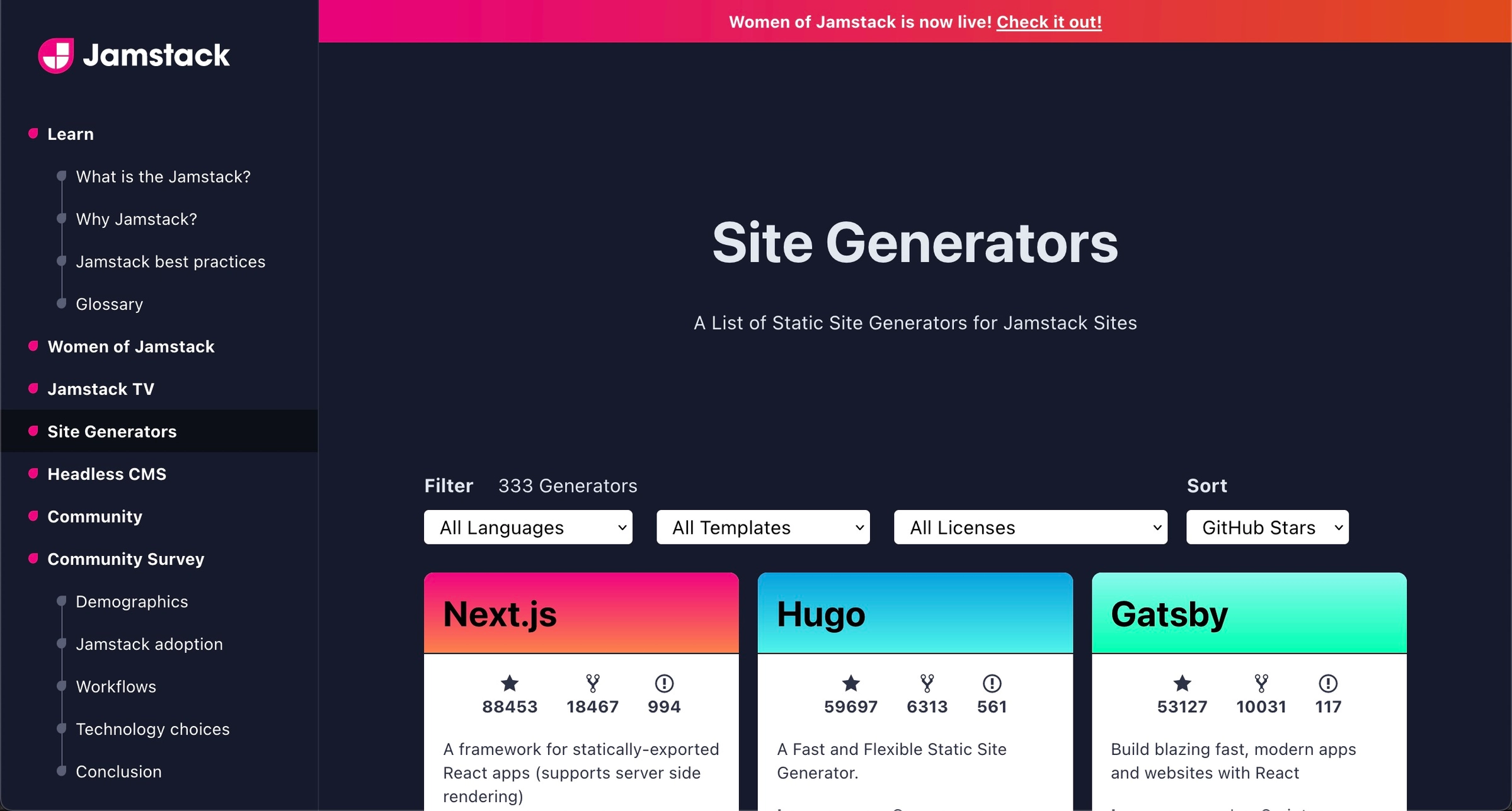 screenshot of jamstack.org/generators