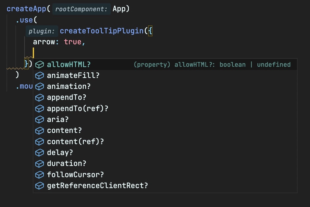 Screenshot of auto-complete options for plugin options when .d.ts files are generated