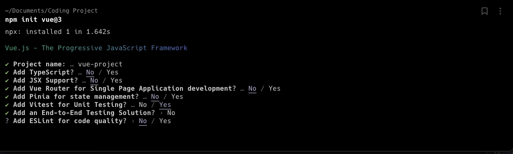 Screenshot for Vue and Vite CLI Prompts