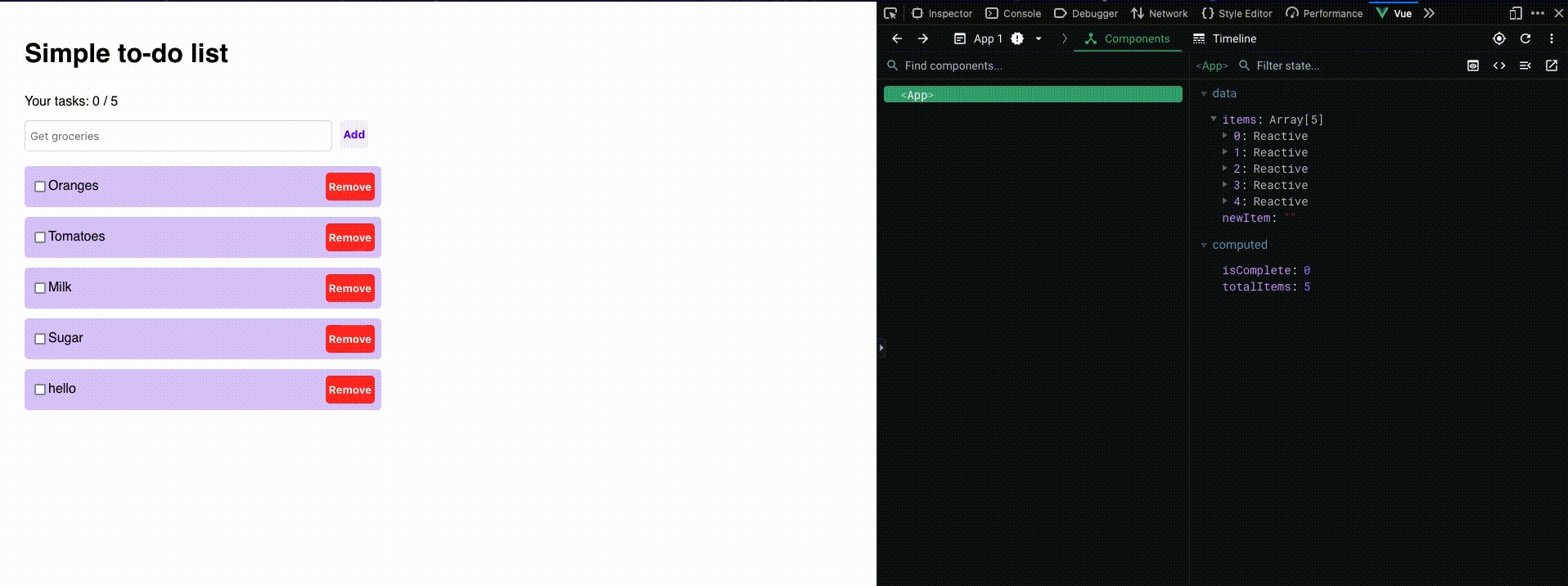 Component state changes in Vue Devtools