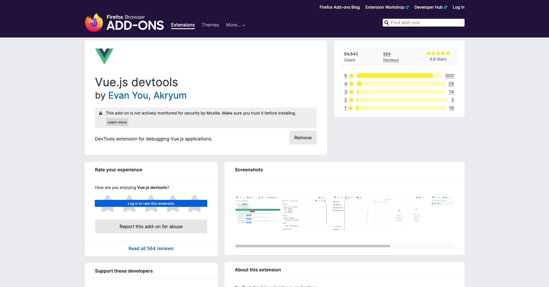 Screenshot for Vue Devtools extension in Firefox