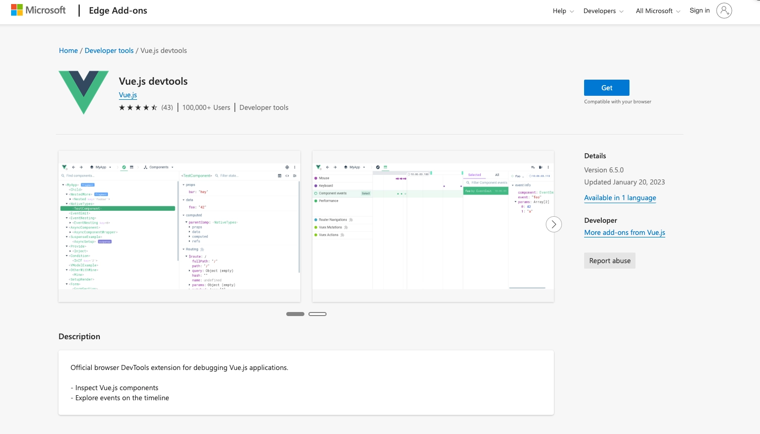 Screenshot for Vue Devtools extension in  Microsoft Edge