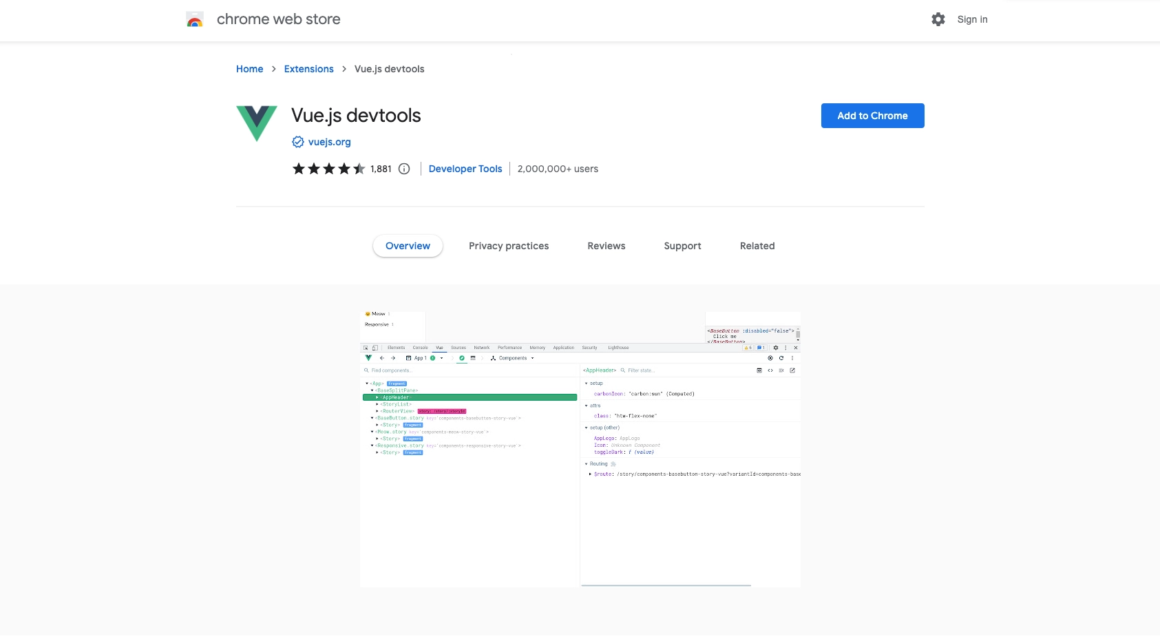 Screenshot for Vue Devtools extension in Google Chrome