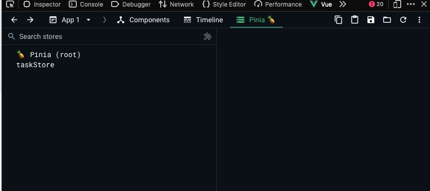 Vue DevTools showing Pinia store state