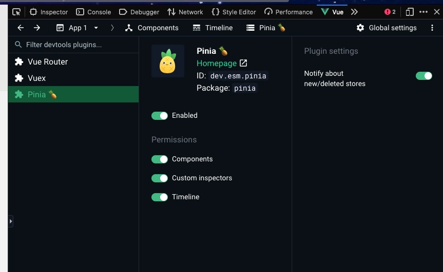 Pinia store tab in Vue DevTools showing store data
